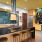 a large kitchen with a range and barstools